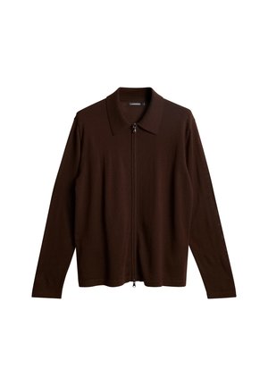 Sweat à fermeture éclair marron avec un col pointu, des manches longues et une texture tricot lisse. Il dispose d'une fermeture éclair centrale et n'a aucun motif visible.