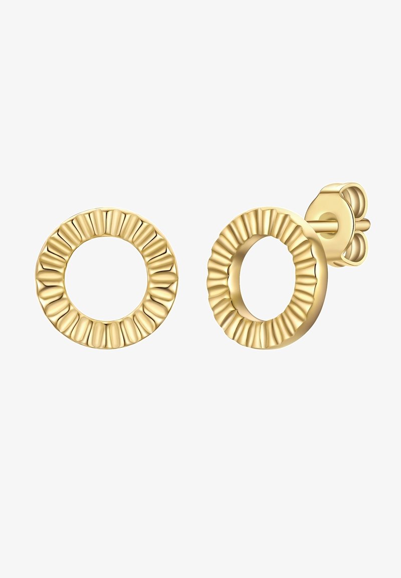 Auksinės spalvos auskarai apvalios formos su tekstūruotais grioveliais aplink kraštą. Papuošti saugiu segėjimu.