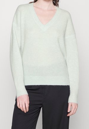 Person trägt einen hellmintgrünen V-Ausschnitt Pullover mit langen Ärmeln und schwarze Hose und steht vor einem einfarbigen Hintergrund.