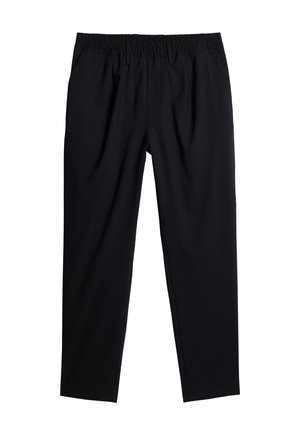 Black trousers with an elastic waistband, loose fit, and smooth texture. Features tapered legs and no visible pockets or embellishments.