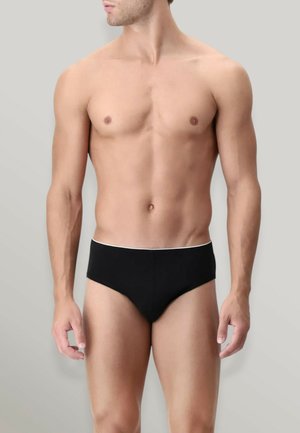 Boxer per uomo nero con elastico bianco, realizzato in tessuto liscio. Presenta una forma classica e un design minimalista, adatto per l'uso quotidiano.