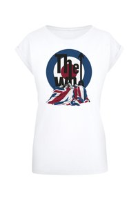 White T-shirt featuring a round graphic design with blue, red, and white colors, depicting four figures draped in a Union Jack flag.