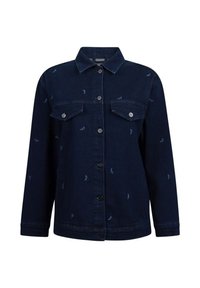 Donkerblauwe denimjas met een knoopsluiting aan de voorkant, twee borstzakken en subtiele geborduurde vogelpatronen verspreid over de jas. Lange mouwen en ontwerp met kraag.