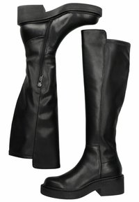 Botas negras hasta la rodilla, hechas de cuero suave, con cremallera lateral, tacón ancho y suela ligeramente elevada.