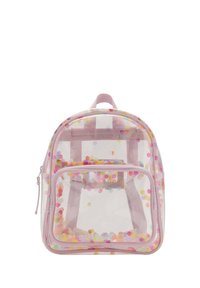 Zaino trasparente in plastica con rifiniture rosa, pieno di coriandoli colorati all'interno, doppie spalline e tasca frontale con zip. Design con parte superiore arrotondata.
