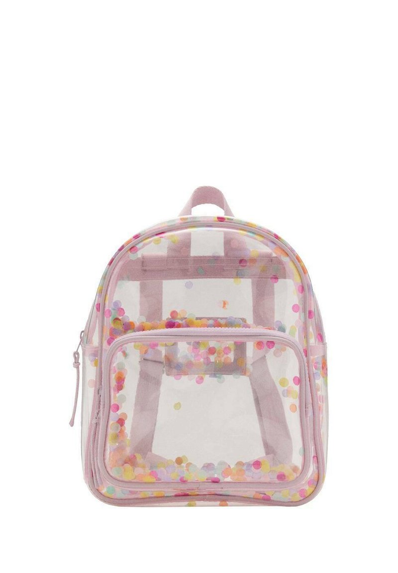 Zaino trasparente in plastica con rifiniture rosa, pieno di coriandoli colorati all'interno, doppie spalline e tasca frontale con zip. Design con parte superiore arrotondata.