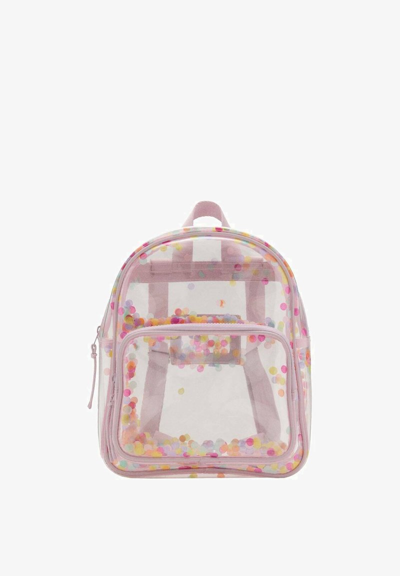 Zaino trasparente in plastica con rifiniture rosa, pieno di coriandoli colorati all'interno, doppie spalline e tasca frontale con zip. Design con parte superiore arrotondata.
