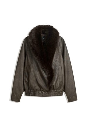 Dark brown leather jacket with large fluffy fur collar, front pockets, buttoned and elasticated waistband, long sleeves, laid flat.