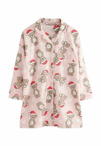 Pink pajama top with short sleeves featuring a repeated teddy bear pattern wearing Santa hats, with white polka dots and a chest pocket.