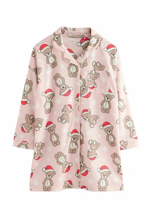 Pink pajama top with short sleeves featuring a repeated teddy bear pattern wearing Santa hats, with white polka dots and a chest pocket.