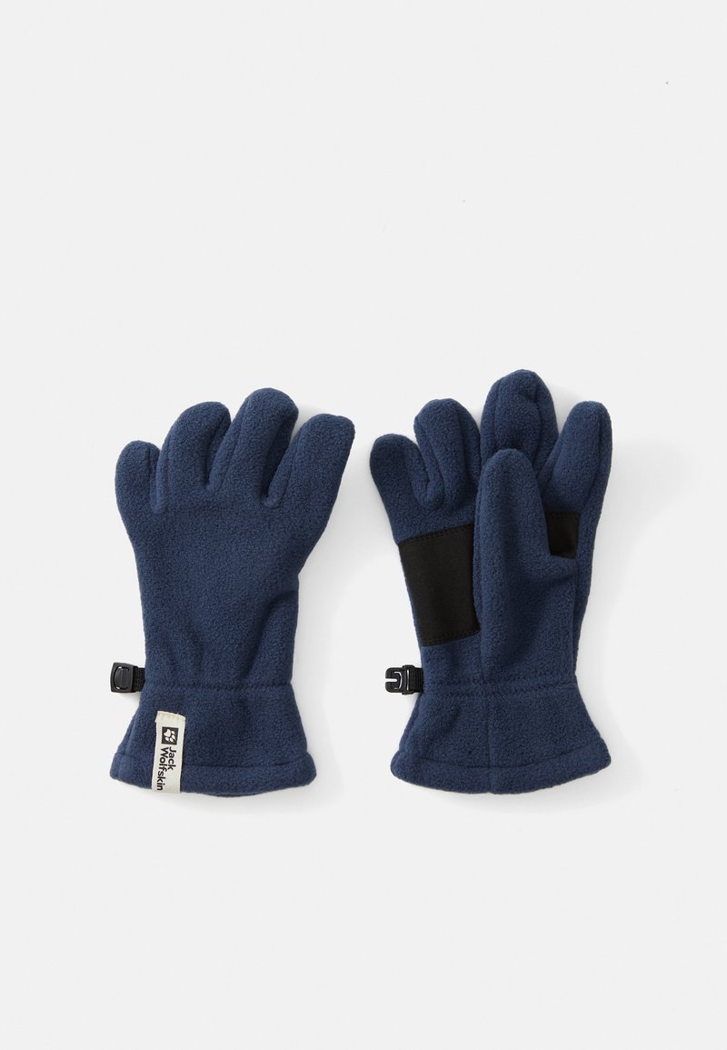 Mørkeblå fleecehansker med fem fingre, utstyrt med en svart aksentpanel og justerbare håndleddsremmer for en sikker passform.