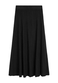 Jupe midi noire avec une large ceinture et un motif tricoté côtelé vertical, s'évasant légèrement vers l'ourlet.