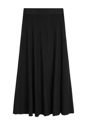 Černá midi sukně se širokým pasem a vertikálním žebrovaným pleteným vzorem, mírně se rozšiřující směrem k lemu.