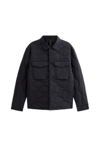 Usztywniona czarna kurtka z diamentowym pikowaniem, spiczastym kołnierzem, dwoma kieszeniami na piersi oraz zapięciem na guziki z przodu. Wykonana z trwałego materiału syntetycznego.