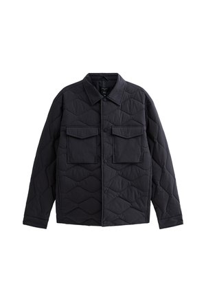 Padded black jacket with diamond quilting, pointed collar, two chest pockets, and front button closure. Made from durable synthetic material.