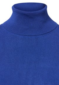 Niebieski żebrowany sweter z golfem i dopasowanym kołnierzem. Tkanina jest gładka, o jednolitej strukturze, bez widocznych wzorów czy akcentów.