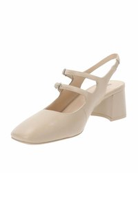 Décolleté beige con punta quadrata, realizzate in pelle liscia. Presentano doppi cinturini con fibbie regolabili e un tacco a blocco.