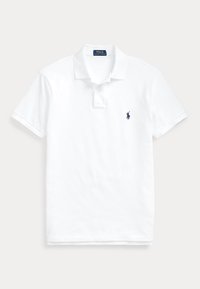 Valge lühikeste varrukatega Polo Ralph Lauren särk krae ja kahe nupuga, vasakul rinnal väike tumesinine tikitud logo.