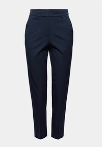 Pantalon bleu marine en tissu lisse avec une coupe ajustée, passants pour ceinture, poches latérales et un pli net sur le devant de chaque jambe.