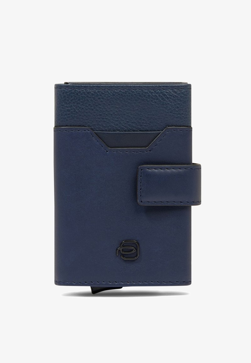 Compact navy blue leather wallet with a textured top section, snap closure strap, and a small embossed logo on the front.