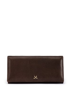 Dark brown leather wallet with a smooth texture, rectangular shape, and a small gold crossed golf clubs emblem on the front center.