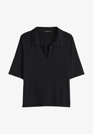 Black short-sleeve top with a collared neckline, made from soft fabric, featuring a relaxed fit and minimalistic design without visible patterns.