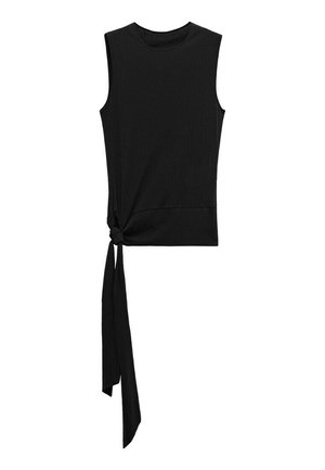 Haut noir sans manches avec encolure ronde et un détail asymétrique de nœud latéral s'étendant en deux longues bandes de tissu.