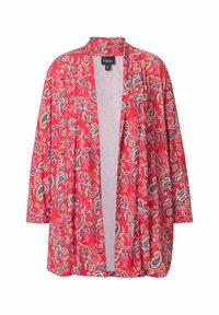 Punainen kimono-tyylinen kardigan, jossa on paisley-kuvio vihreän, sinisen ja valkoisen sävyissä. Rento istuvuus ja auki oleva etuosa.
