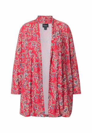 Punainen kimono-tyylinen kardigan, jossa on paisley-kuvio vihreän, sinisen ja valkoisen sävyissä. Rento istuvuus ja auki oleva etuosa.