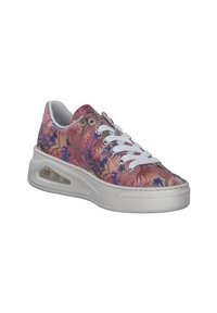 Baskets roses avec motif floral, lacets blancs et amorti d'air visible dans la semelle. Tissu texturé avec une finition lisse.