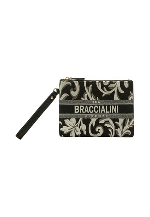 Pochette da polso nera con motivo floreale beige e scritta "BRACCIALINI FIRENZE" sul davanti, con chiusura a zip e cinturino in pelle.