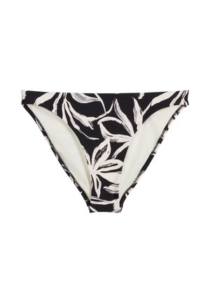 Schwarzer Bikini-Slip mit weißem abstraktem Blattmuster, mittelhoher Schnitt und elastischem Bund.