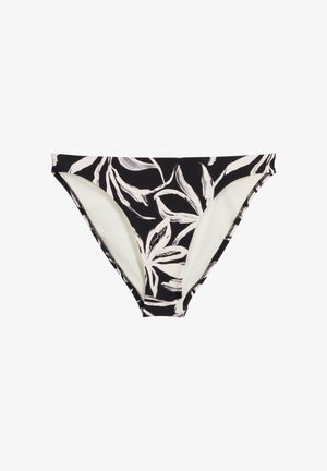 Schwarzer Bikini-Slip mit weißem abstraktem Blattmuster, mittelhoher Schnitt und elastischem Bund.