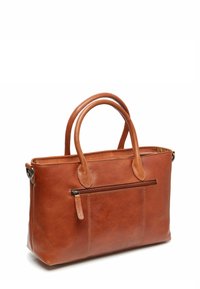Borsa tote in pelle marrone con due manici, tasca con zip sulla parte anteriore e dettagli cuciti, con una finitura liscia e lucida.
