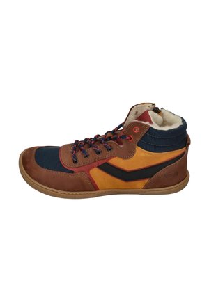 Brown, orange, and navy high-top sneaker with black chevron, red stitching, blue-red laces, and white fleece lining visible at the top.