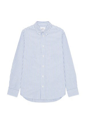 Herren Langarmhemd mit hellblau-weißen vertikalen Streifen und einem Button-down-Kragen.