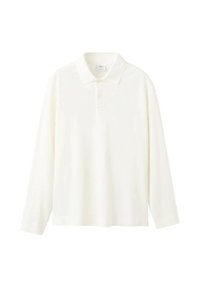 Langärmeliges Poloshirt aus offweißem Baumwollstoff, mit klassischem Kragen, Drei-Knopf-Leiste und einer lässigen Passform ohne sichtbare Muster.