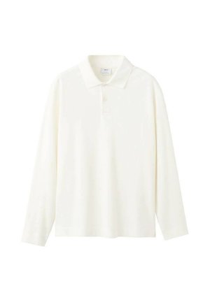 Long-sleeve polo shirt in off-white cotton, featuring a classic collar, three-button placket, and a relaxed fit with no visible patterns.