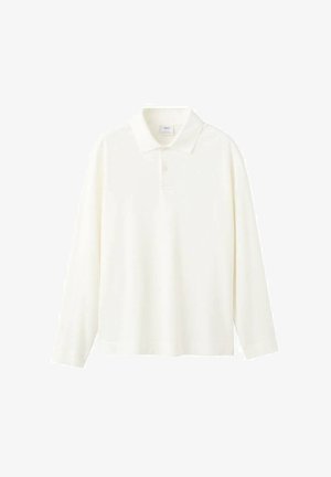 Long-sleeve polo shirt in off-white cotton, featuring a classic collar, three-button placket, and a relaxed fit with no visible patterns.