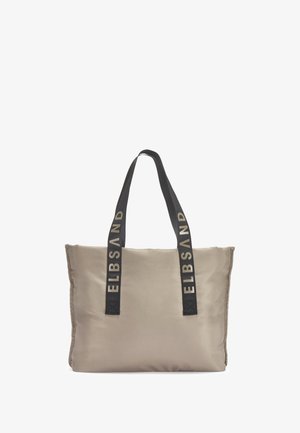 Beige tote bag made of smooth fabric with two black straps featuring the brand name "ELBSAND" printed in white. Rectangular shape, soft texture.