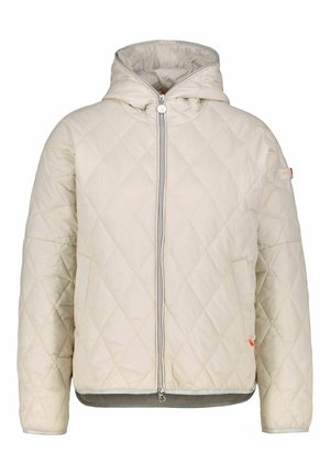 Veste matelassée beige clair avec capuche, fermeture éclair devant et manches longues, présentée sur un fond blanc uni.