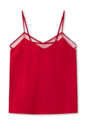 Rode top met spaghettibandjes en een doorschijnend gaaspaneel langs de halslijn. Glad stof met een relaxte pasvorm en geen verdere versieringen.