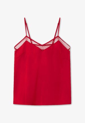 Red camisole top with thin adjustable straps and a sheer mesh panel along the neckline. Smooth fabric with a relaxed fit and no additional embellishments.