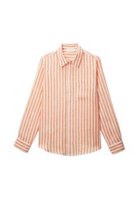 Chemise à manches longues à rayures orange et blanches avec boutons. Dotée d'un col classique et d'une poche poitrine. Le tissu semble léger et texturé.