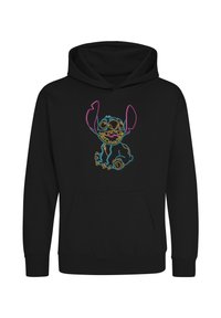 Černá mikina s kapucí s barevným neonovým obrysem kreslené postavičky s velkýma ušima, širokým úsměvem a přední kapsou jako u klokana.