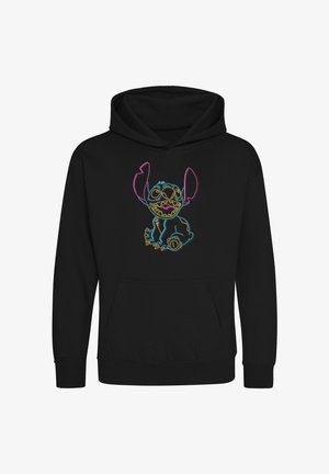 Sort hættetrøje med en farverig, neonlignende kontur af en tegneseriefigur med store ører, et bredt smil og en frontlomme som en kænguru.