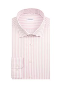 Camicia a righe nelle tonalità di rosa chiaro e bianco. Materiale in cotone con colletto classico, taschino singolo sul petto e bottoni perla.