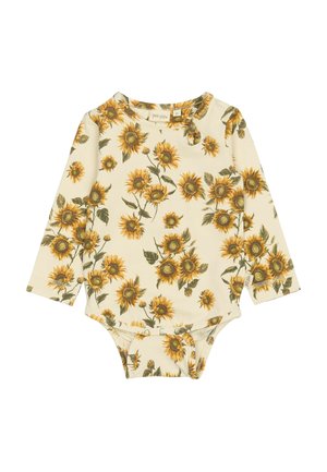 Bodysuit s dugim rukavima za bebe u krem boji s printom žutih suncokreta, s patent-zatvaračem na dnu i okruglim dekolteom.