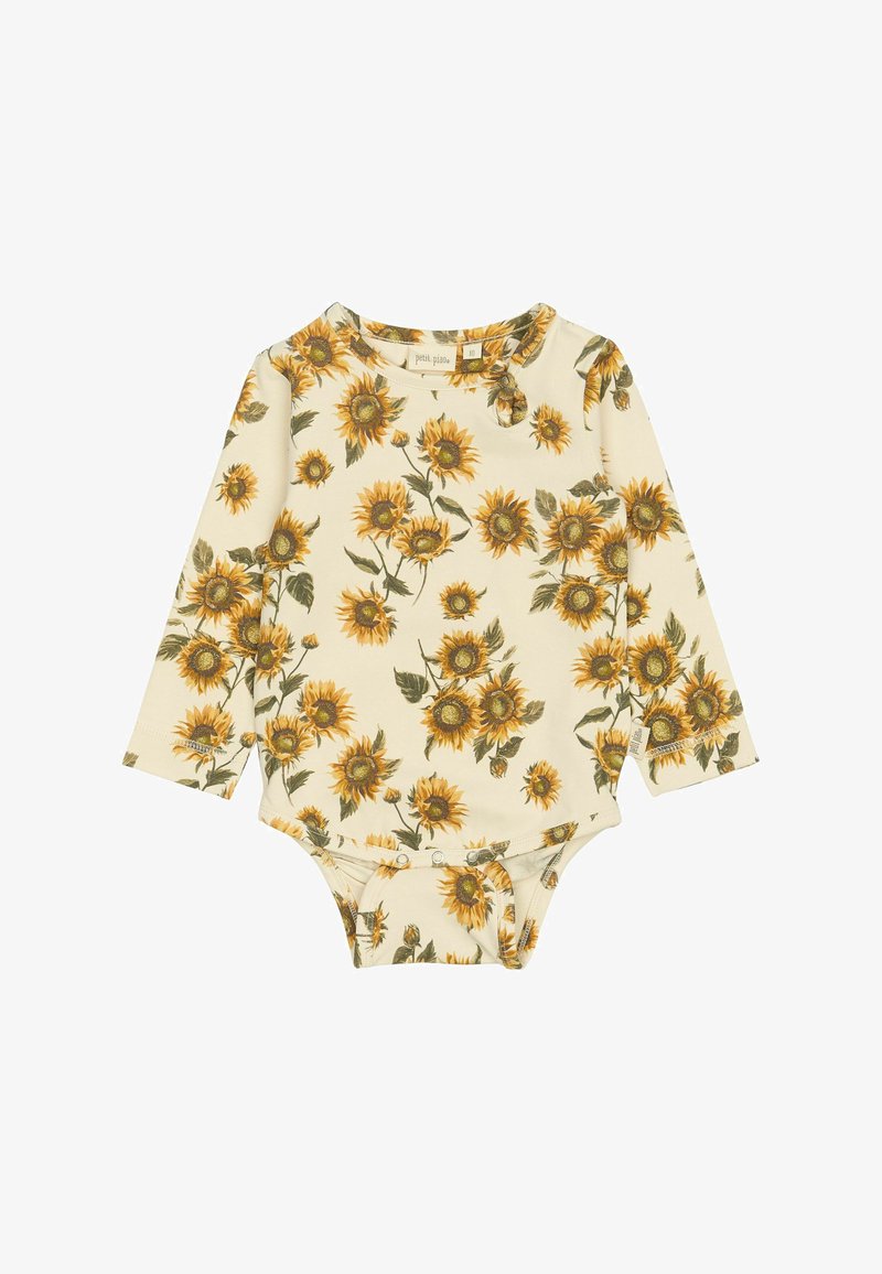 Body de bebé de manga larga en color crema con estampado de girasoles amarillos, con cierres de presión en la parte inferior y escote redondo.