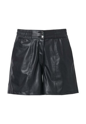 Schwarze Shorts aus Kunstleder mit lässiger Passform, elastischem Bund, zwei Knöpfen und strukturierten Oberflächendetails.
